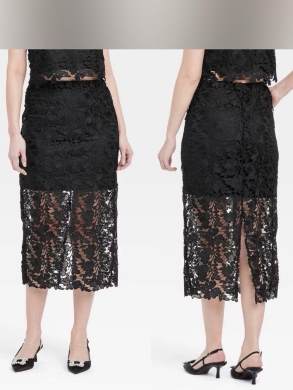 a new day Black Floral Lace Midi Skirt with Sheer Panel